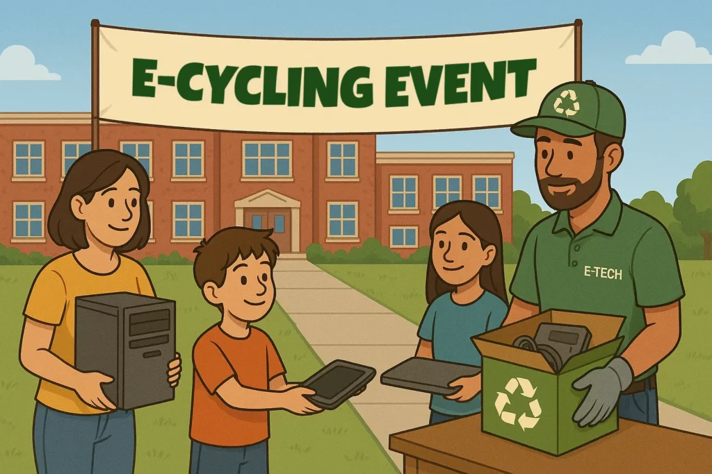 illustration of kids recycling at a school event